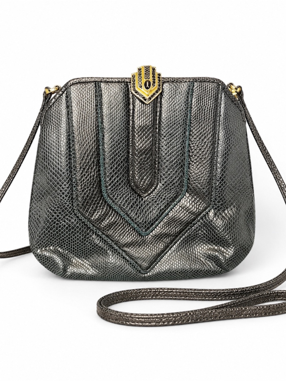 Vintage Judith Leiber Black Lizard Clutch/Shoulder Bag- Art Deco Crystal Clasp
